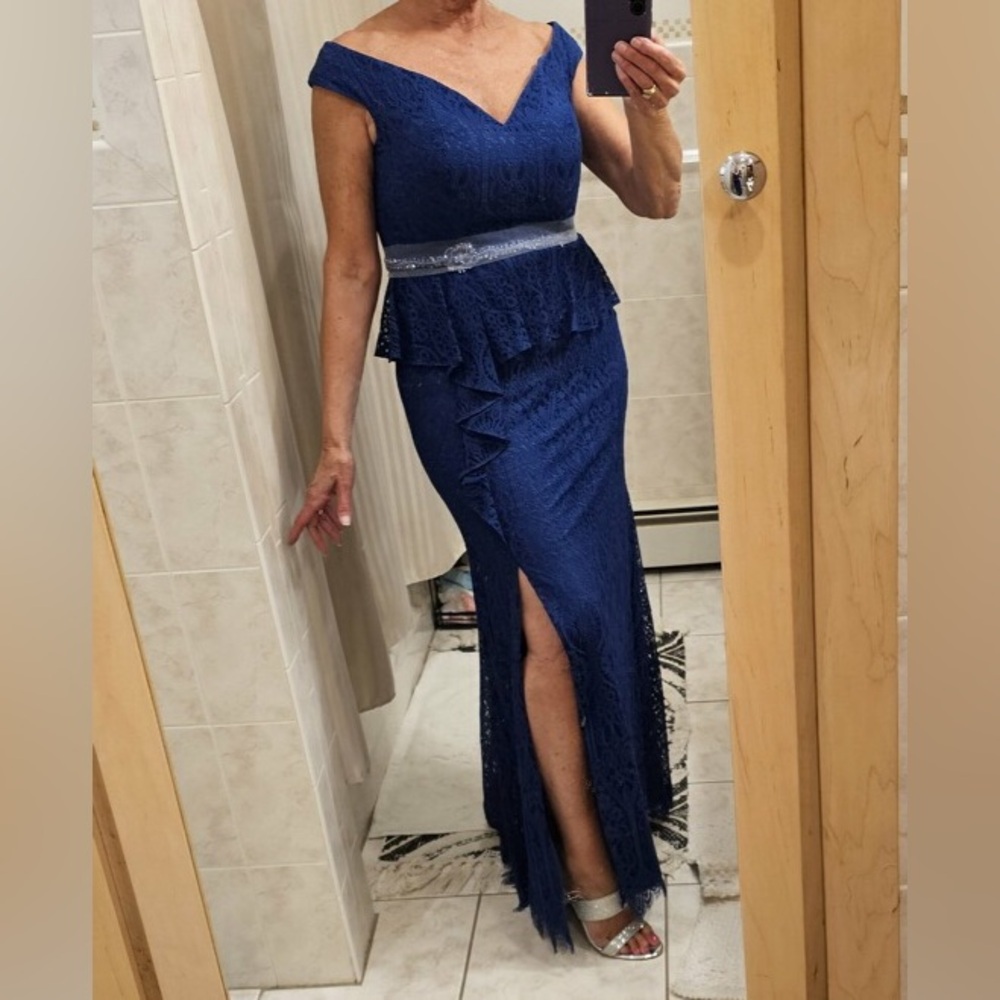 Royal Blue Off-Shoulder Lace High-Low Dress with Peplum and Side Slit